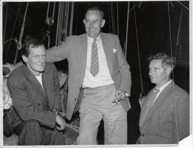 on arrival at Westport, NZ, very thin, with his brother Jim, right. Not sure who other person is. (Small)